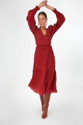 Rust Pasha Pleated Long Sleeve Smocked Dress